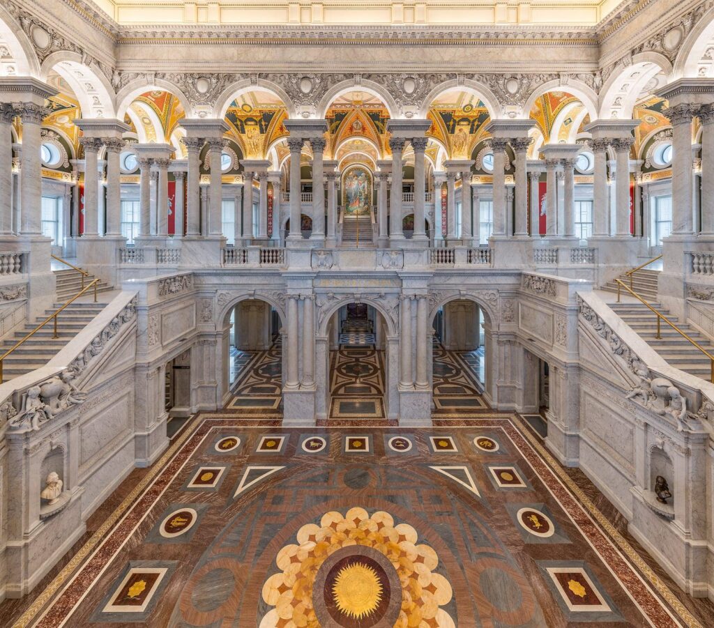 Ornate Great Hall inside the Library of Congress Thomas Jefferson Building in Washington DC.