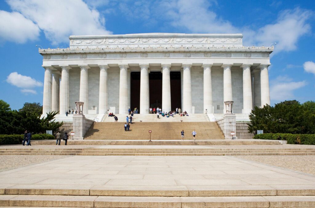 Lincoln Memorial with its white marble columns and grand steps in Washington DC.