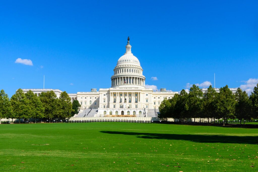 United States Capitol Building and landscaped grounds in Washington DC.