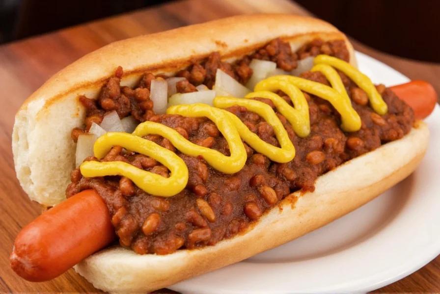 Washington DC half-smoke sausage topped with chili, mustard and onions.