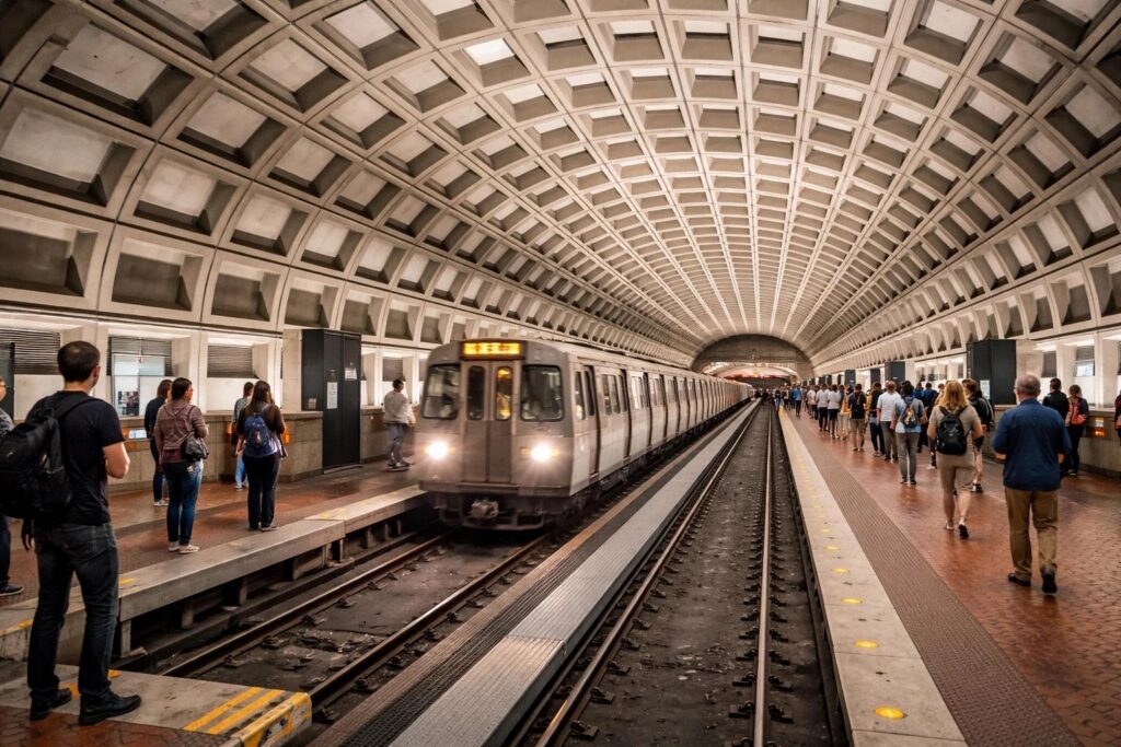 Washington DC Metro train at an underground station with a vaulted ceiling.
