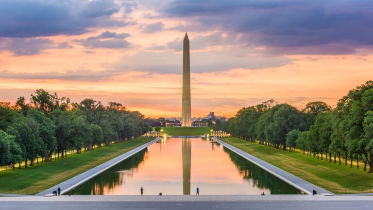 Washington DC travel guide featuring the Washington Monument, Reflecting Pool, and National Mall at sunset.